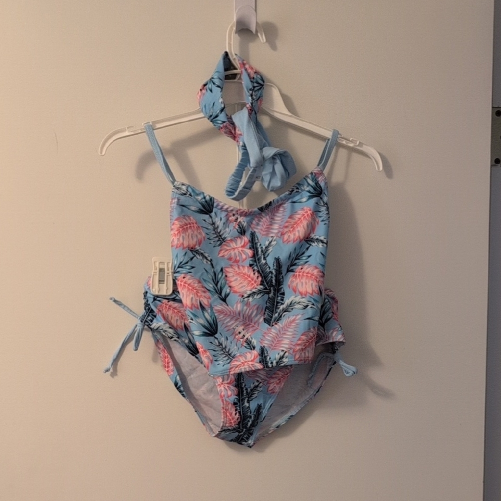 Floral Blue and Pink Swimsuit with Headband